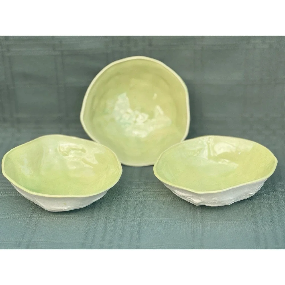3 Vintage Hand Built Ceramic Bowls Celadon Green Glazed Inner Textured Raw Base